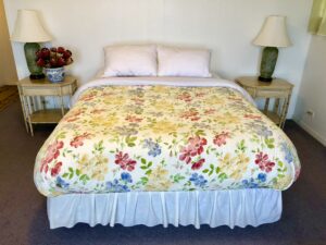 Comfortable queen-bed cottage decorated with protea flowers from the garden